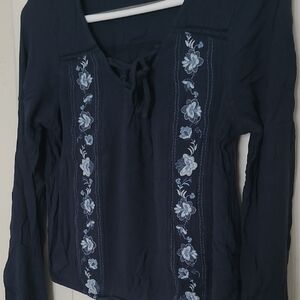 Hollister Navy Long-Sleeve Peasant Top with Light Blue Floral Embroidery